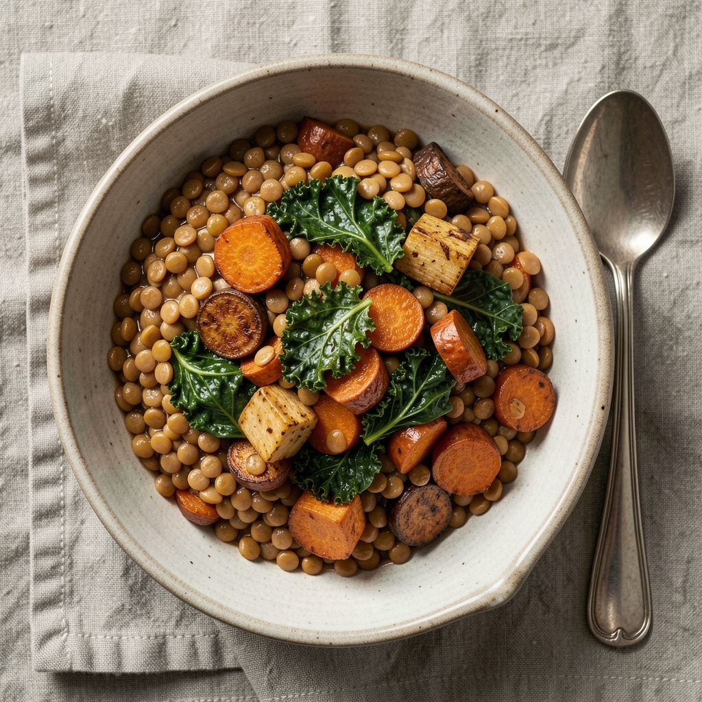 An overhead editorial photograph of a ceramic bowl filled with slow-cooked lentils, roasted root vegetables and wilted kale greens, set on a linen cloth with a spoon beside it