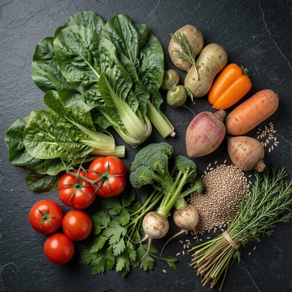 Wide flat-lay arrangement of seasonal vegetables, leafy greens, root vegetables and whole grains on a dark stone surface in an editorial still-life composition