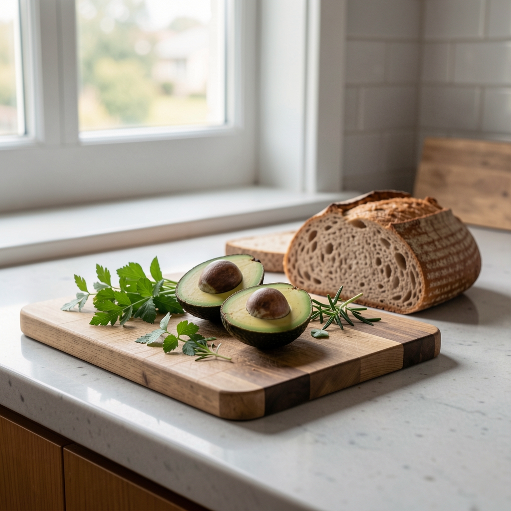 A kitchen countertop with a wooden chopping board, halved avocado, fresh herbs and whole-grain bread laid out in natural morning light streaming through a window